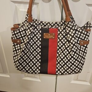 Kate Spade canvas bag with leather trim, brown/red/cream/tan.10"Hx15"Wx5"D